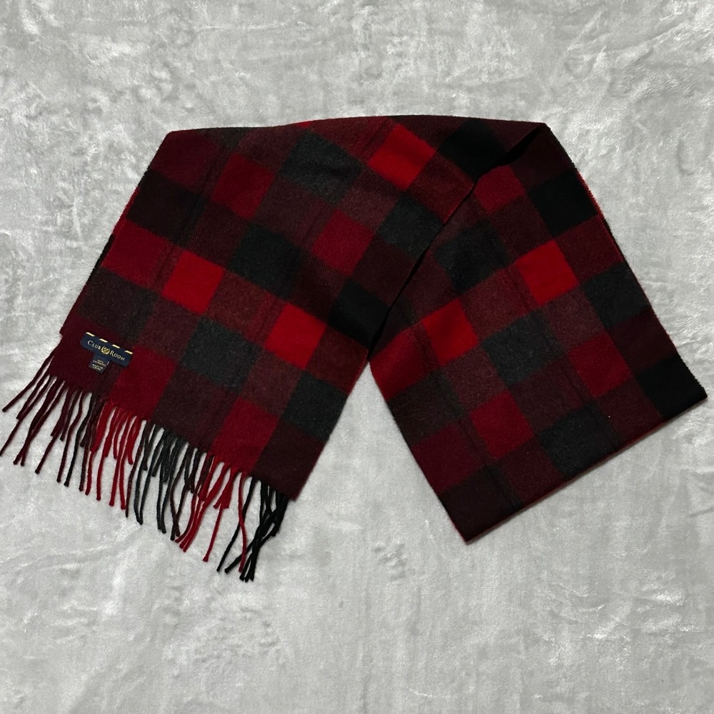 Club Room Men's 100% Cashmere Red Black Scarf Buffalo Plaid 60"x11"